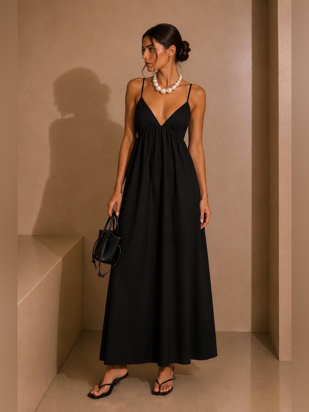 Commense Black Backless Spaghetti-Strap Maxi Dress